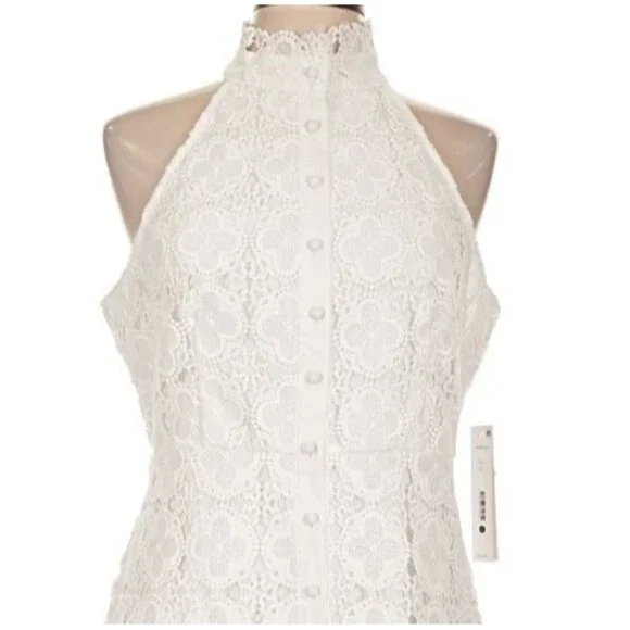 DESIGNER AQUA WHITE LACE HALTER NECKLINE RUFFLE HEM SLEEVELESS DRESS SIZE LARGE - Picture 16 of 16